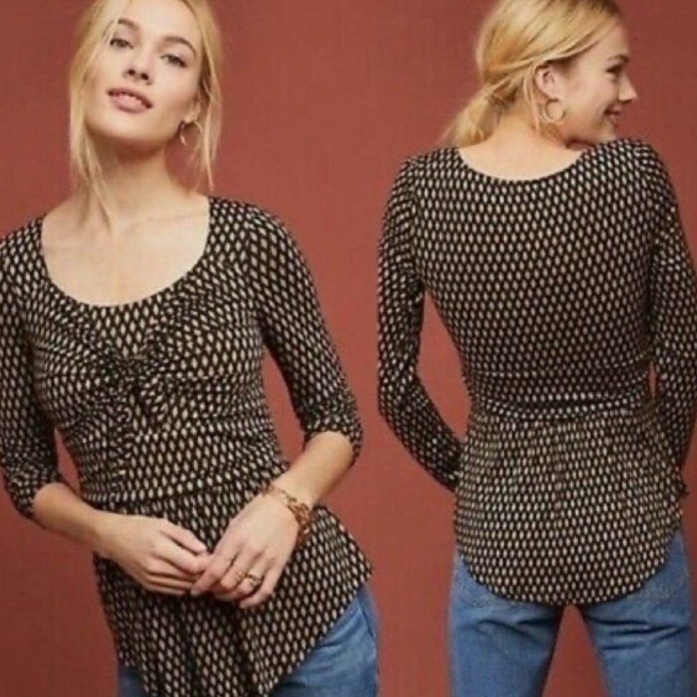 Anthropologie Meadow Rue Josalyn Bow Front Top in Black Beige Diamonds Size Med